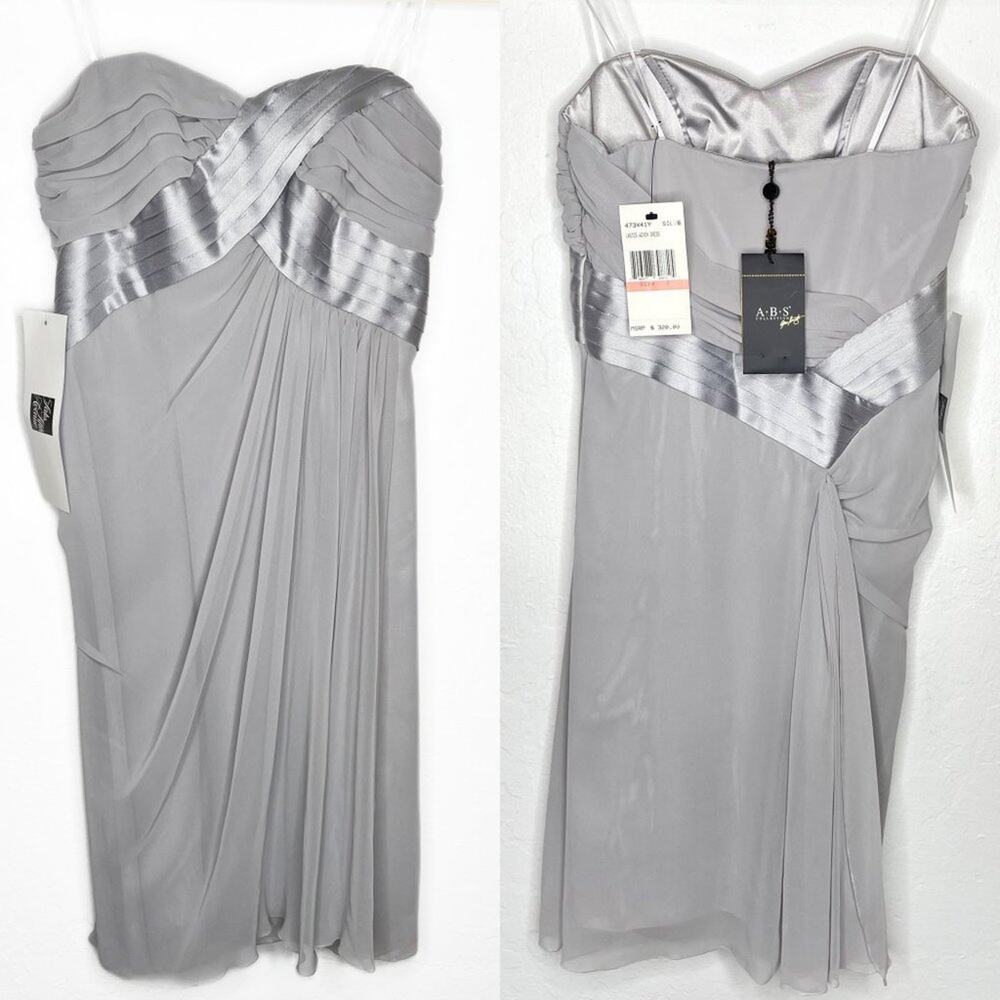 NWT ABS Allen Schwartz Strapless Pleated Grey Silver Chiffon Formal Mini Dress 2